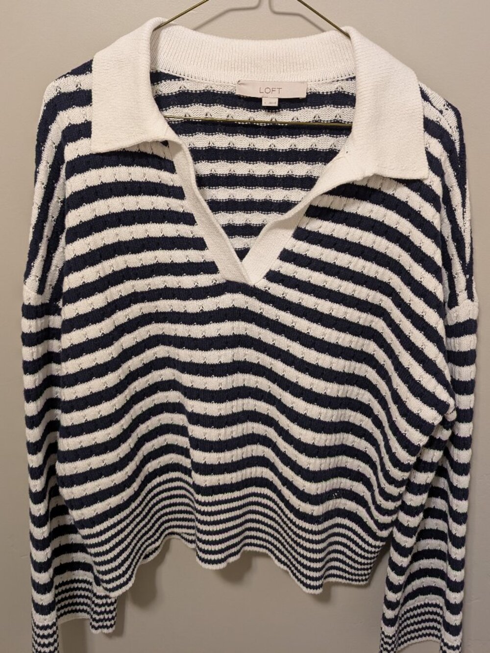 LOFT Navy & White Striped Polo Sweater - Size Large